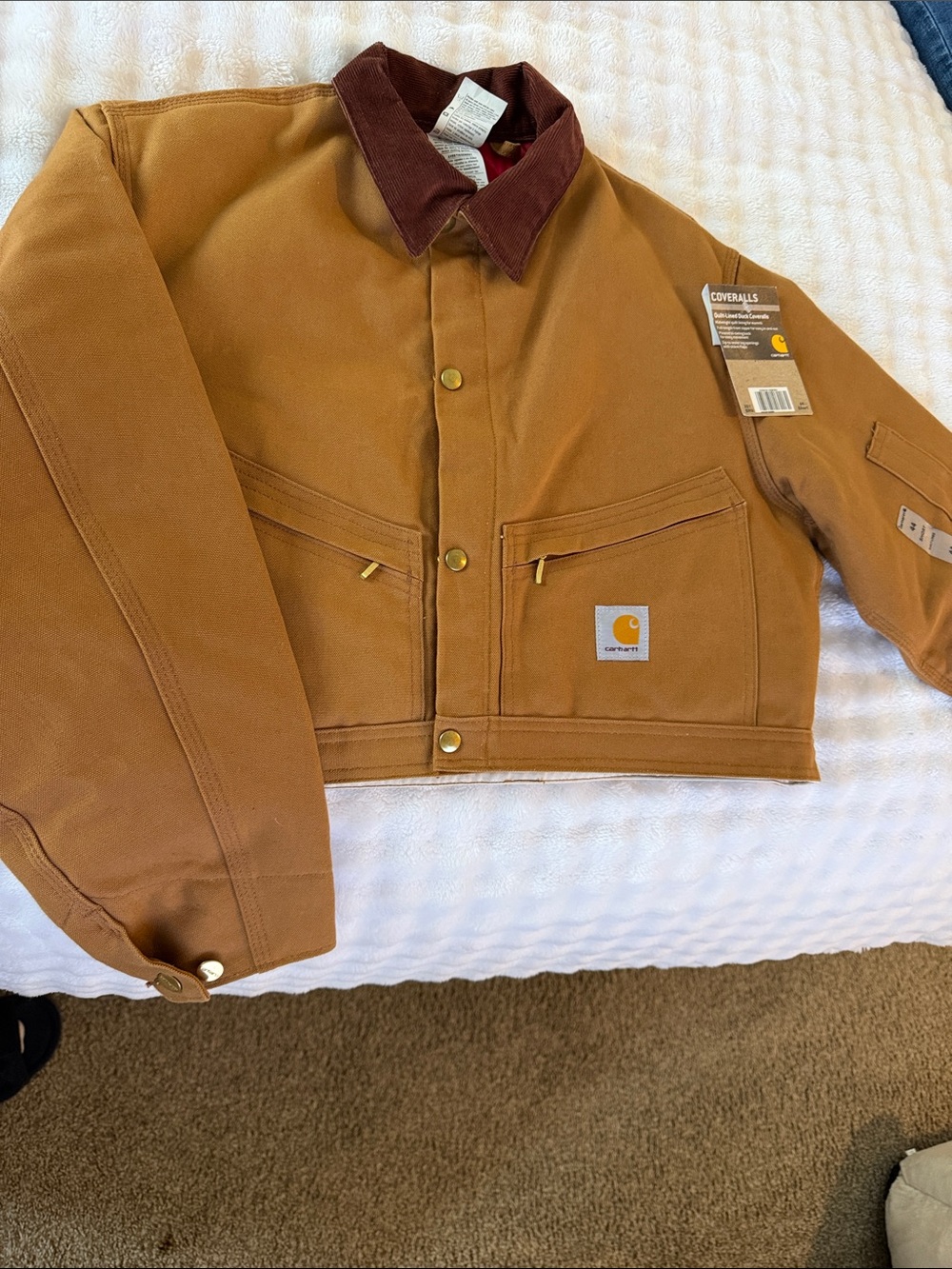 Cropped Carhartt Tan/Brown Duck Work Jacket with Dark Brown Corduroy Collar